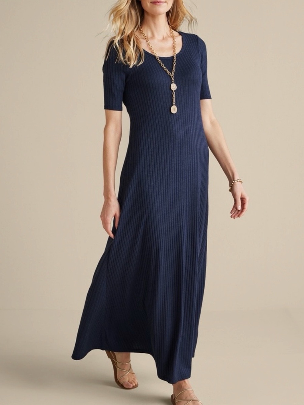 NWT Soft Surroundings Textured Short Sleeve Santiago Dress Navy Size PM